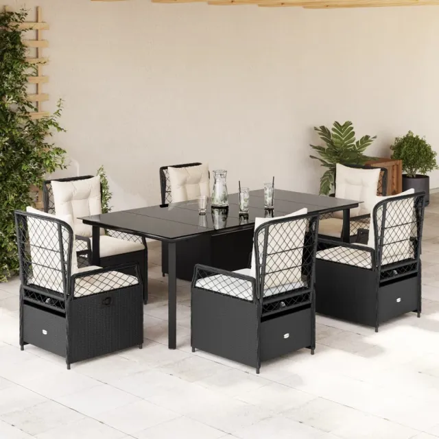 Ensemble à manger de jardin coussins 7pcs Noir Résine tressée