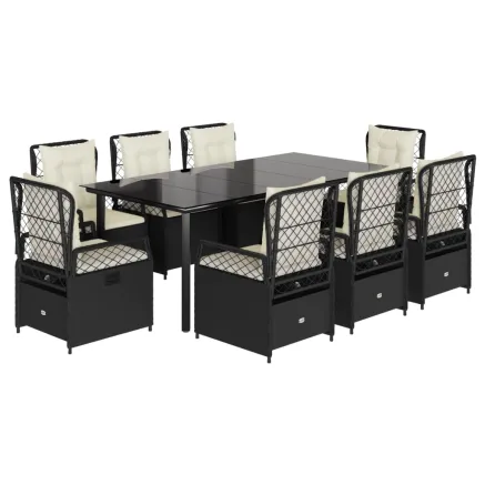 Ensemble à manger de jardin 9pcs coussins noir résine tressée 2