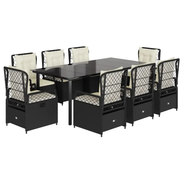 Ensemble à manger de jardin 9pcs coussins noir résine tressée