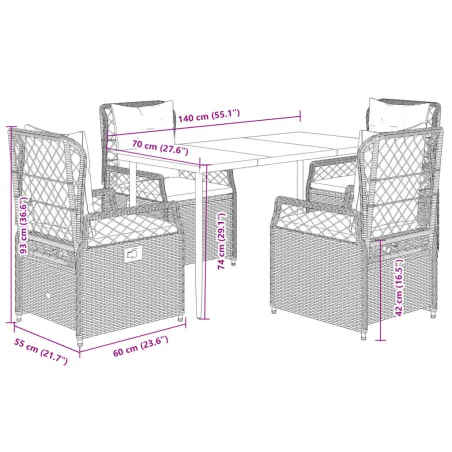Ensemble à manger de jardin 5 pcs et coussins marron poly rotin