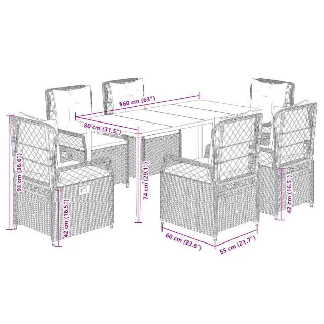 Ensemble à manger de jardin et coussins 7 pcs marron rotin