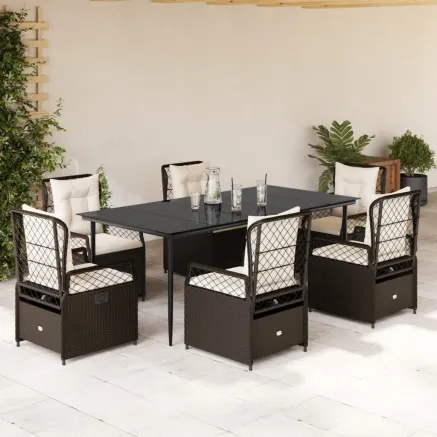 Ensemble à manger de jardin et coussins 7 pcs marron rotin