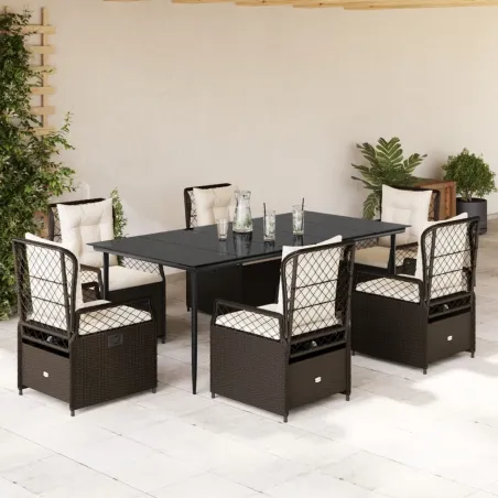 Ensemble à manger de jardin et coussins 7 pcs marron rotin