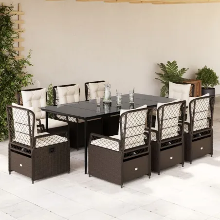 Ensemble à manger de jardin et coussins 9 pcs marron poly rotin