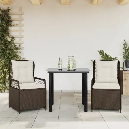 Ensemble à manger de jardin 3 pcs et coussins marron poly rotin