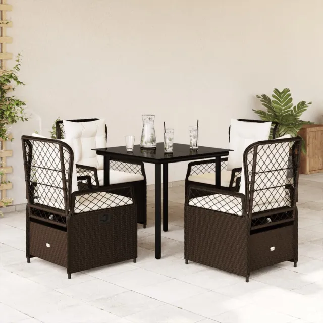 Ensemble à manger de jardin 5 pcs et coussins marron poly rotin
