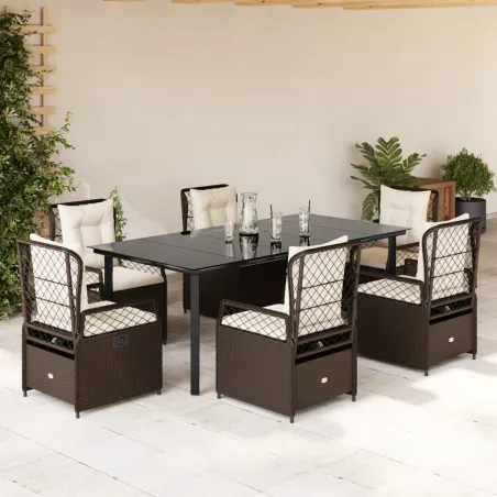 Ensemble à manger de jardin et coussins 7 pcs marron rotin