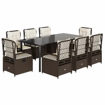 Ensemble à manger de jardin et coussins 9 pcs marron poly rotin 2