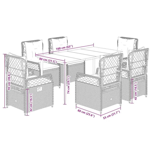 Ensemble à manger de jardin et coussins 7 pcs gris rotin