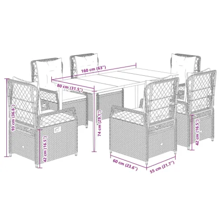 Ensemble à manger de jardin et coussins 7 pcs gris rotin
