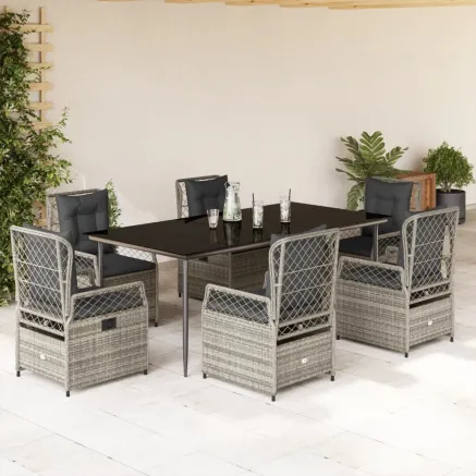 Ensemble à manger de jardin et coussins 7 pcs gris rotin