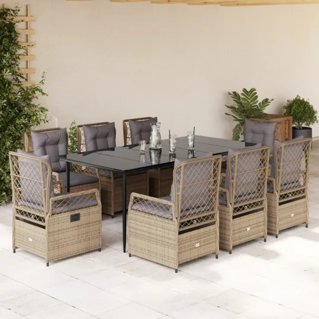 Ensemble à manger de jardin et coussins 9 pcs beige Poly rotin