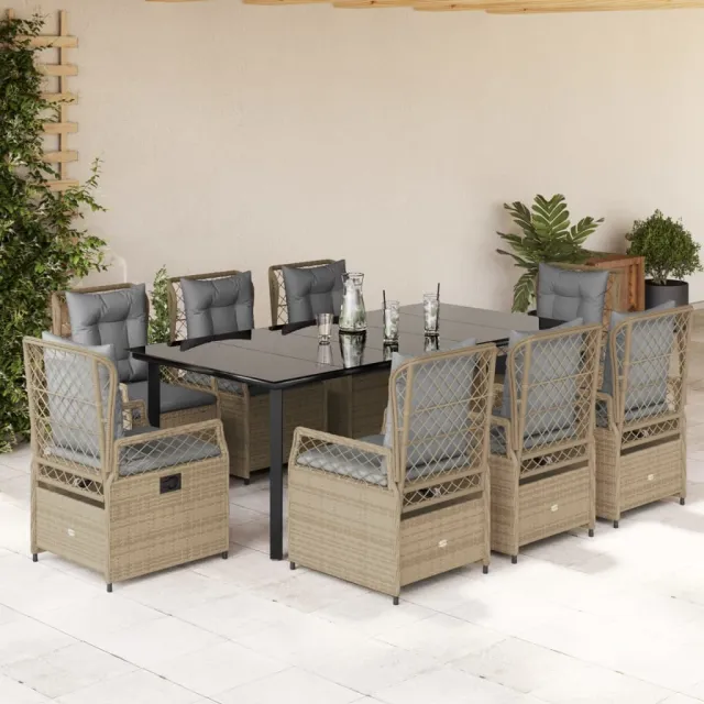 Ensemble à manger de jardin et coussins 9 pcs beige Poly rotin
