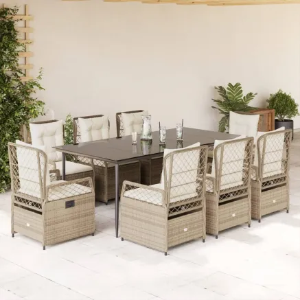 Ensemble à manger de jardin et coussins 9 pcs beige Poly rotin
