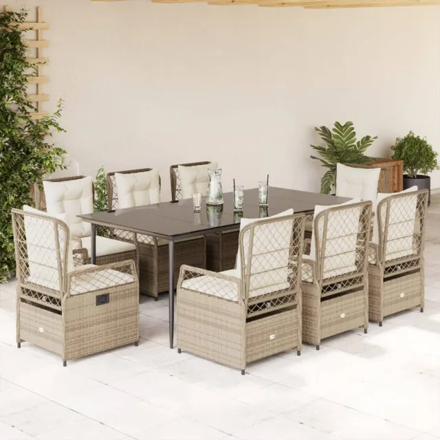 Ensemble à manger de jardin et coussins 9 pcs beige Poly rotin
