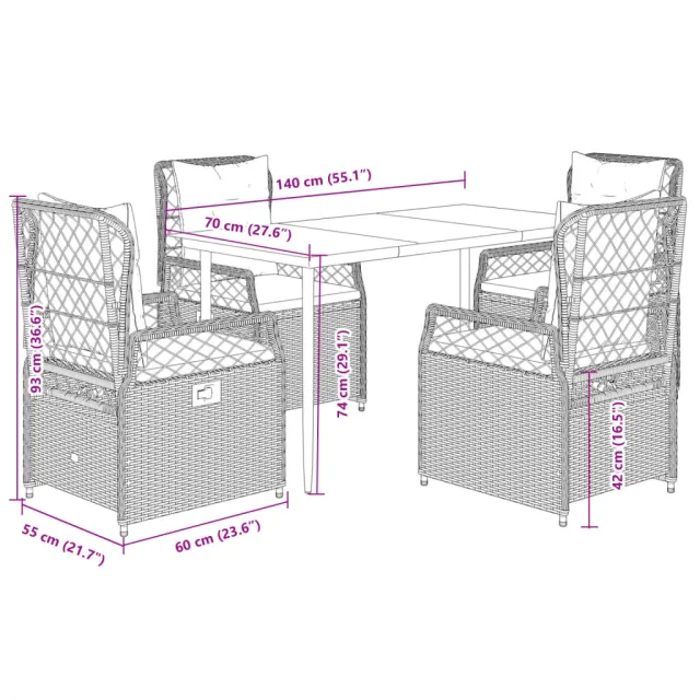 Ensemble à manger de jardin et coussins 5 pcs gris clair rotin