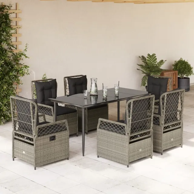 Ensemble à manger de jardin et coussins 7 pcs gris clair rotin
