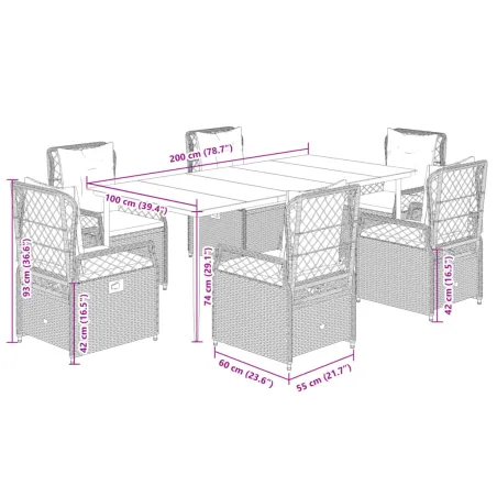 Ensemble à manger de jardin et coussins 7 pcs gris clair rotin
