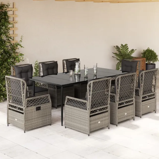 Ensemble à manger de jardin et coussins 9 pcs gris clair rotin