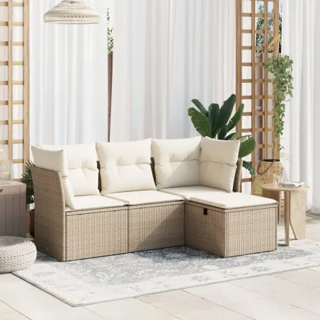 Salon de jardin avec coussins 4 pcs beige résine tressée