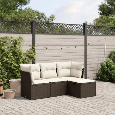 Salon de jardin 4 pcs avec coussins marron résine tressée