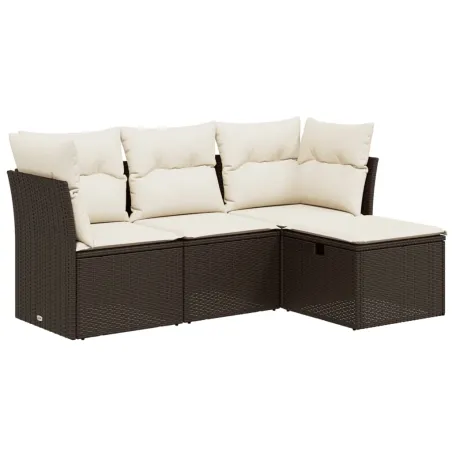 Salon de jardin 4 pcs avec coussins marron résine tressée