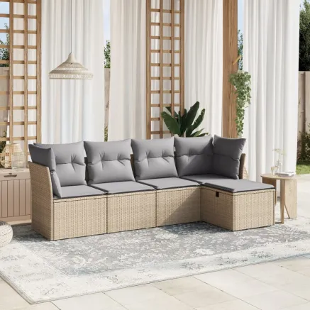 Salon de jardin avec coussins 5pcs mélange beige résine tressée