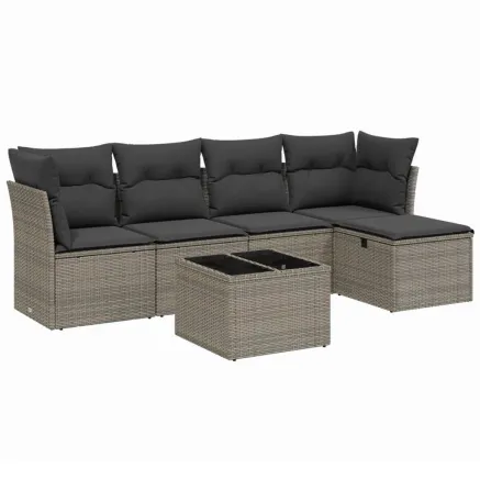 Salon de jardin 6 pcs avec coussins gris résine tressée 2