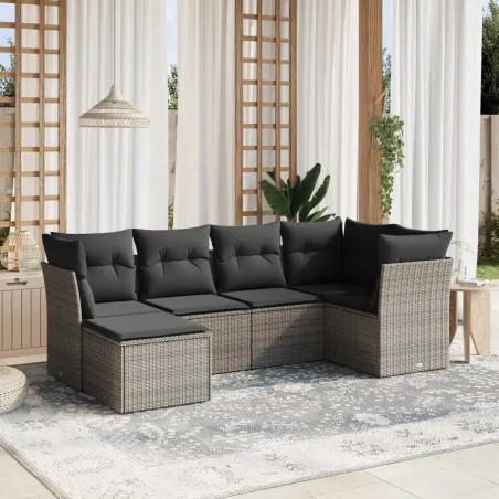 Salon de jardin 6 pcs avec coussins gris résine tressée