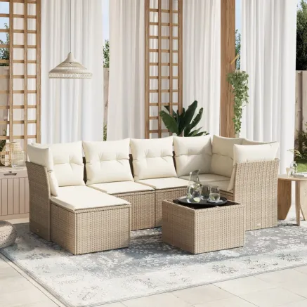 Salon de jardin avec coussins 7 pcs beige résine tressée