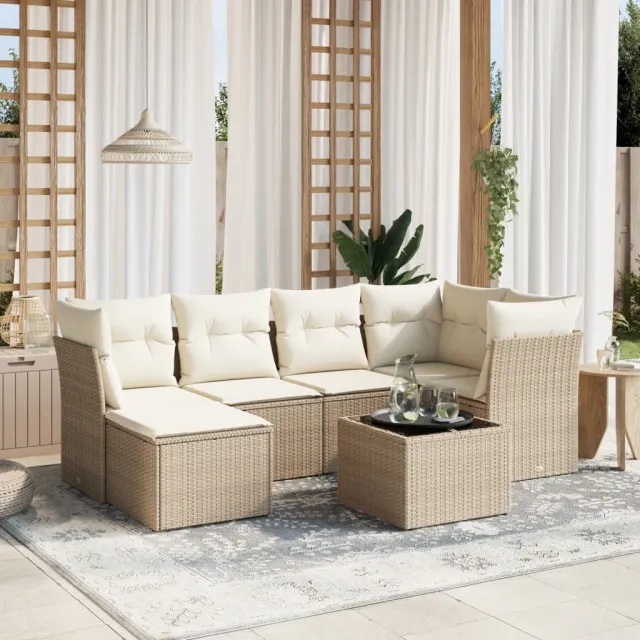 Salon de jardin avec coussins 7 pcs beige résine tressée