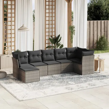 Salon de jardin avec coussins 7 pcs gris résine tressée