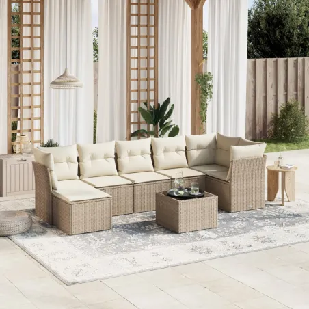 Salon de jardin avec coussins 8 pcs beige résine tressée