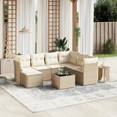 Salon de jardin avec coussins 8 pcs beige résine tressée