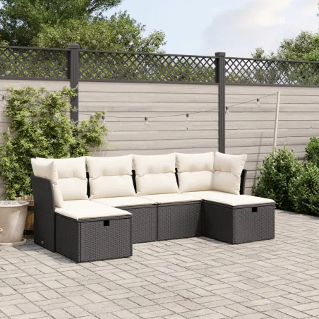 Salon de jardin 6 pcs avec coussins noir résine tressée