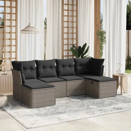 Salon de jardin 6 pcs avec coussins gris résine tressée