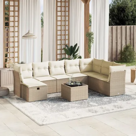 Salon de jardin avec coussins 9 pcs beige résine tressée