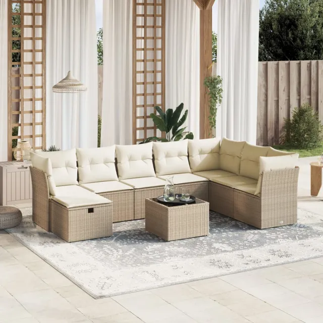 Salon de jardin avec coussins 9 pcs beige résine tressée