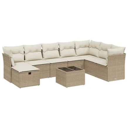 Salon de jardin avec coussins 9 pcs beige résine tressée 2
