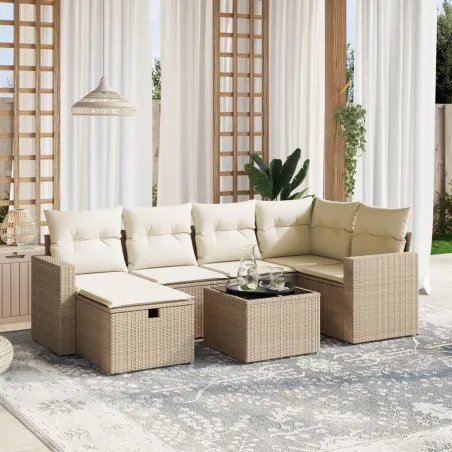 Salon de jardin avec coussins 7 pcs beige résine tressée