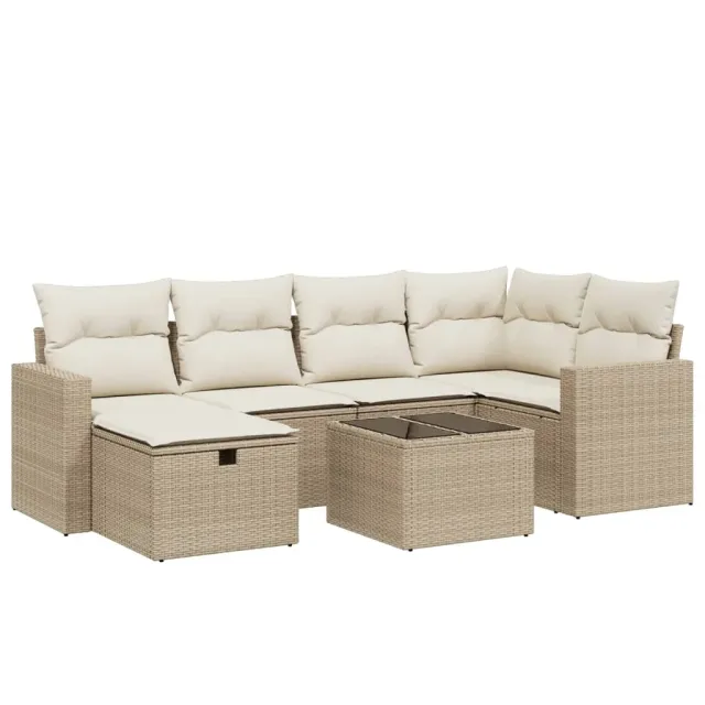 Salon de jardin avec coussins 7 pcs beige résine tressée
