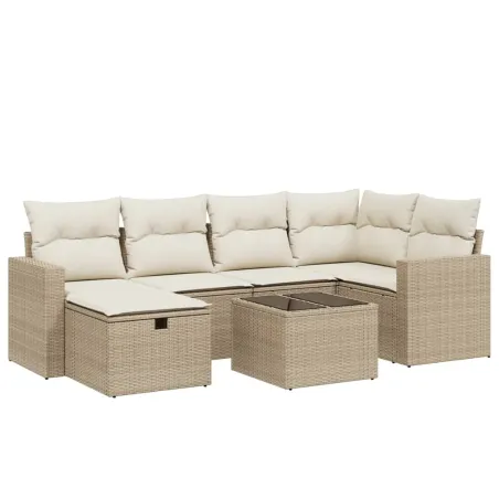 Salon de jardin avec coussins 7 pcs beige résine tressée