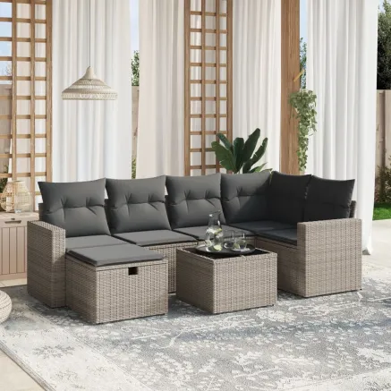 Salon de jardin avec coussins 7 pcs gris résine tressée