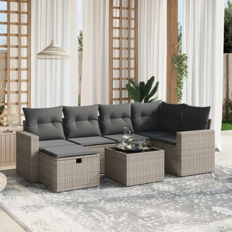 Salon de jardin avec coussins 7 pcs gris résine tressée