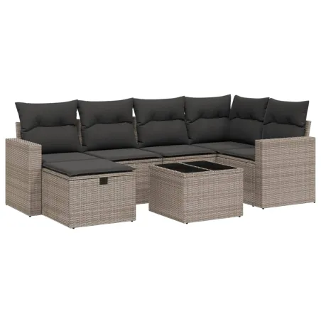 Salon de jardin avec coussins 7 pcs gris résine tressée