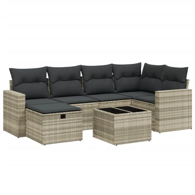 Salon de jardin avec coussins 7 pcs gris clair résine tressée