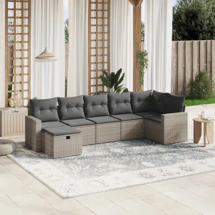 Salon de jardin avec coussins 7 pcs gris résine tressée