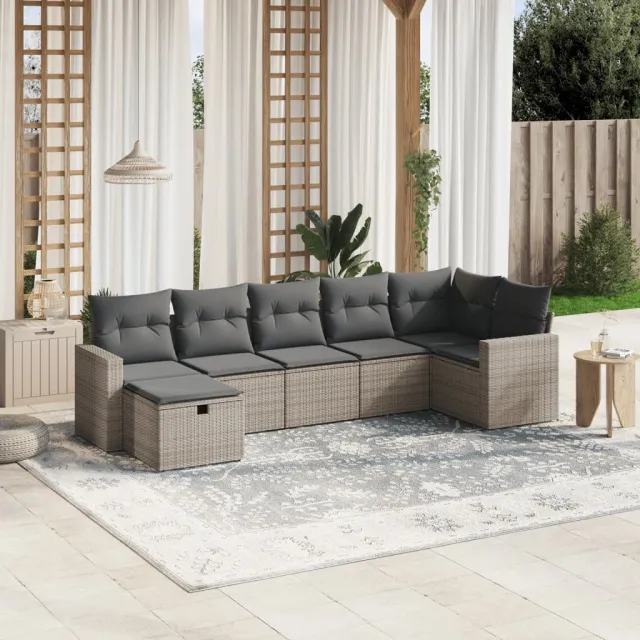 Salon de jardin avec coussins 7 pcs gris résine tressée