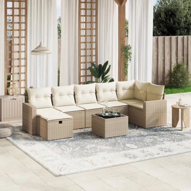 Salon de jardin avec coussins 8 pcs beige résine tressée