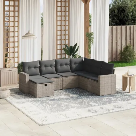 Salon de jardin avec coussins 7 pcs gris résine tressée